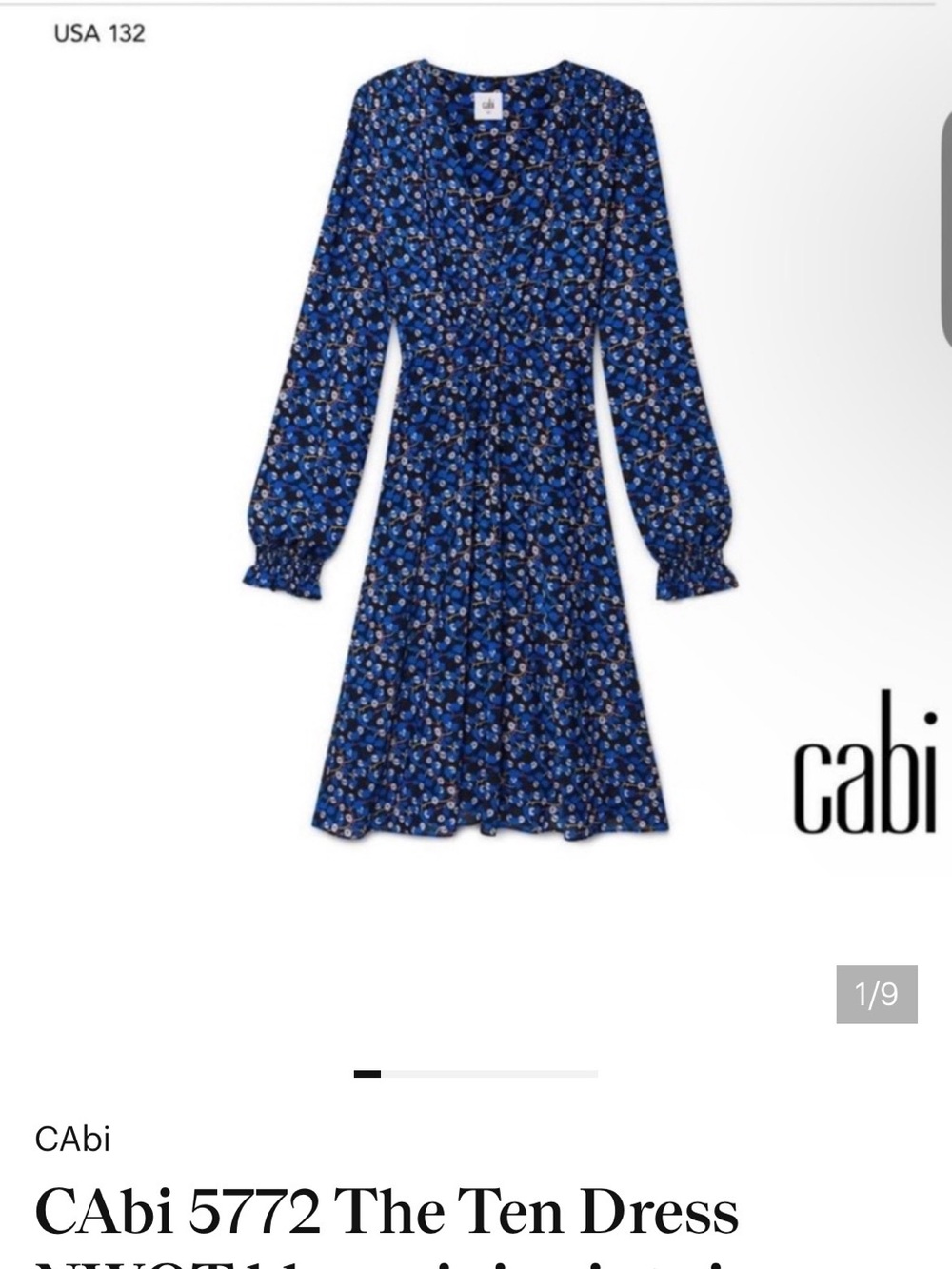 Cabi The Ten Blue Floral V Neck Long Sleeve Dress L